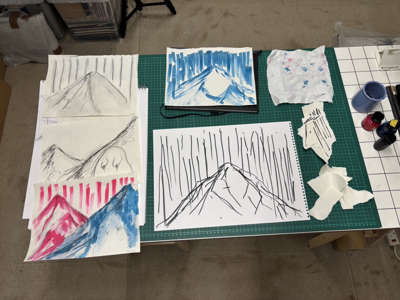 Studio work in progress, sketchbook and sketches