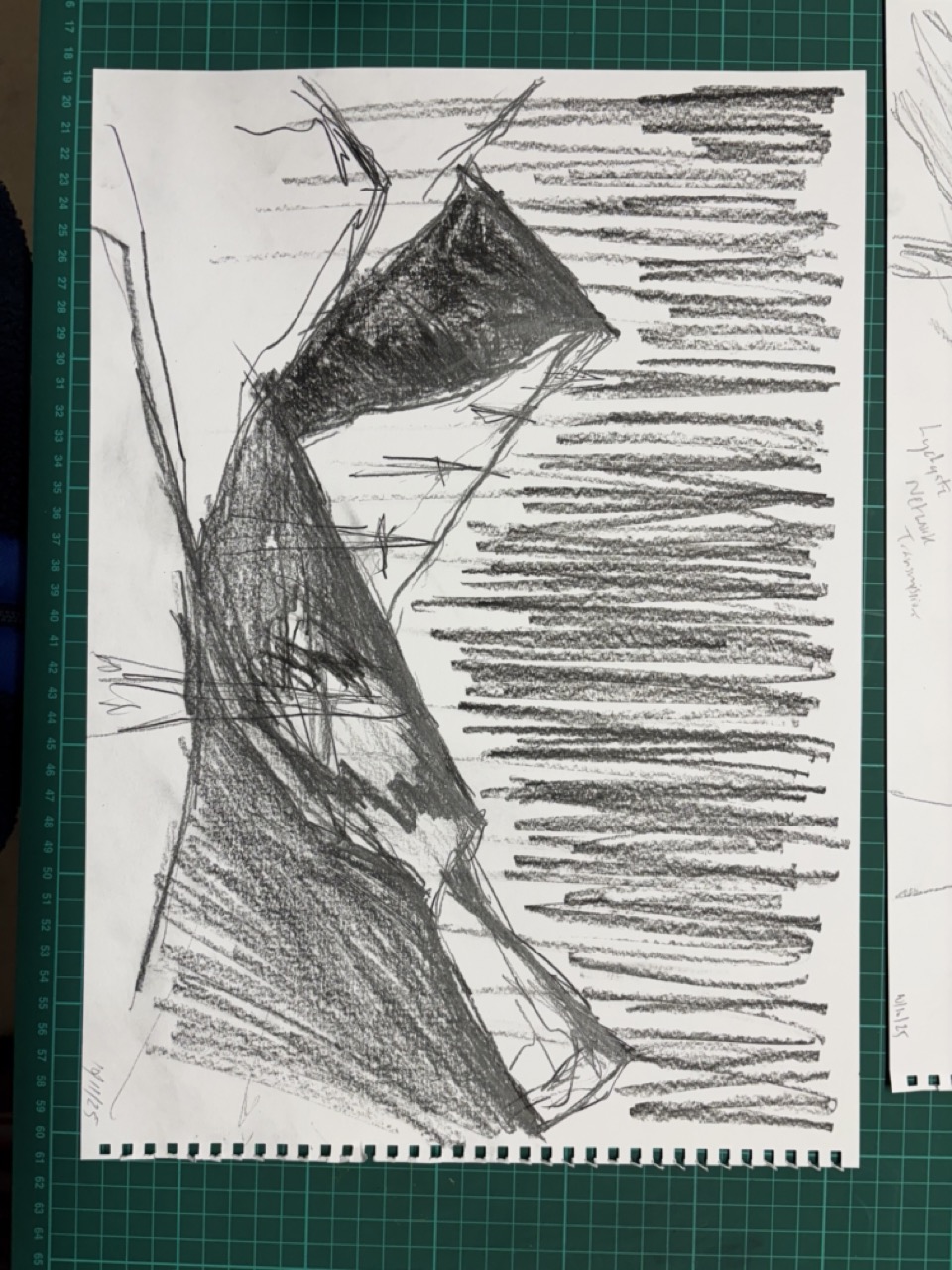 Studio work in progress, charcoal drawing of mountains and pylons