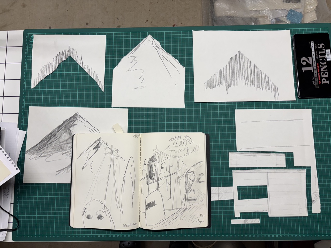 Studio work in progress, sketchbook and sketches